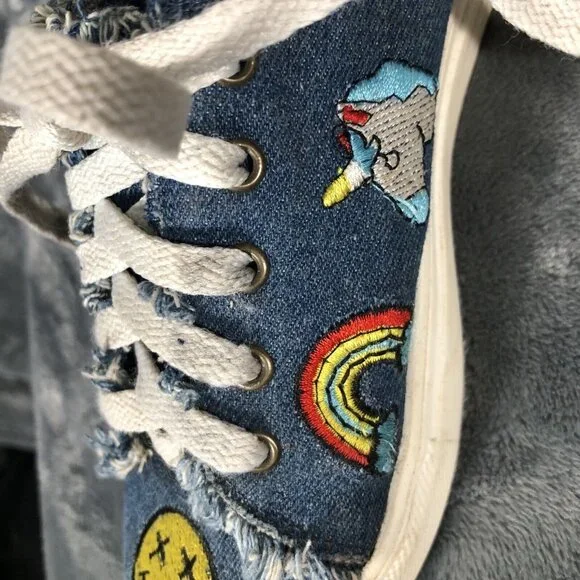 Denim Canvas Sneakers With Embroidered Smiley & Icons Frayed Detail - Picture 8 of 11